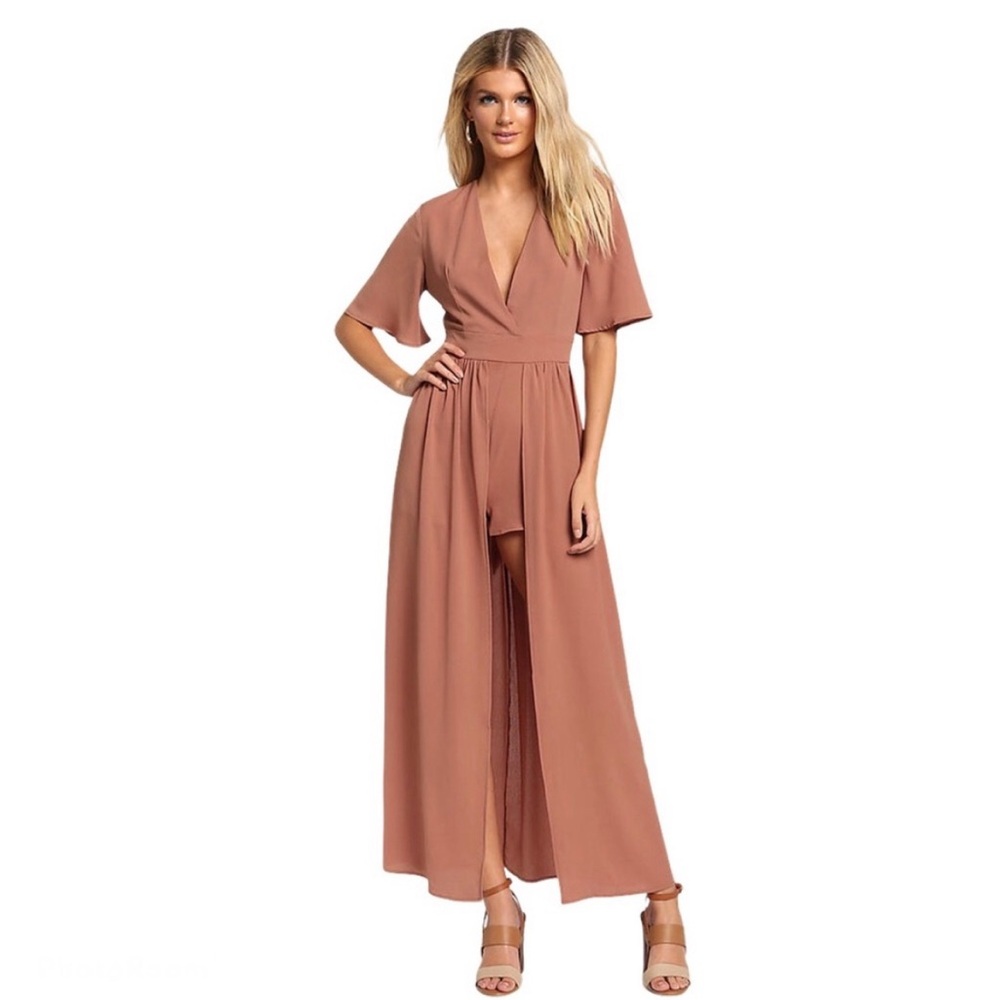 FAVLUX Plunge Neck Bow Tie High Low Maxi Skirt Tail Romper Tan Boho Chic Resort